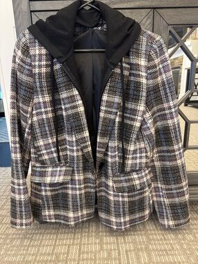 Central Park West Black and White Plaid Tweed Blazer with Hood